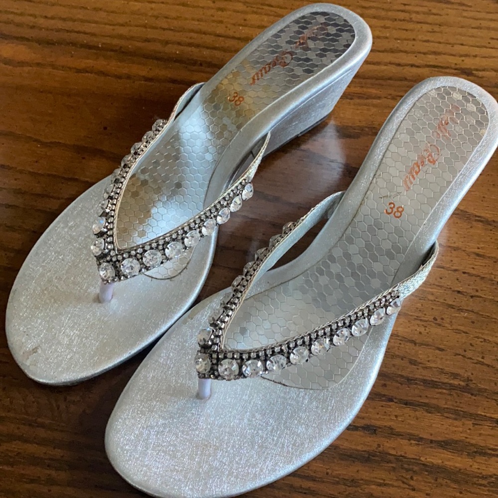 Rhinestone silver slip on wedges